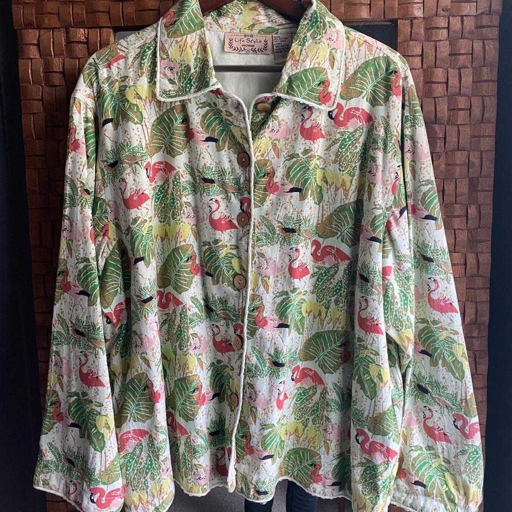 Life Style linen flamingo jacket 3X cotton linen blend jacket